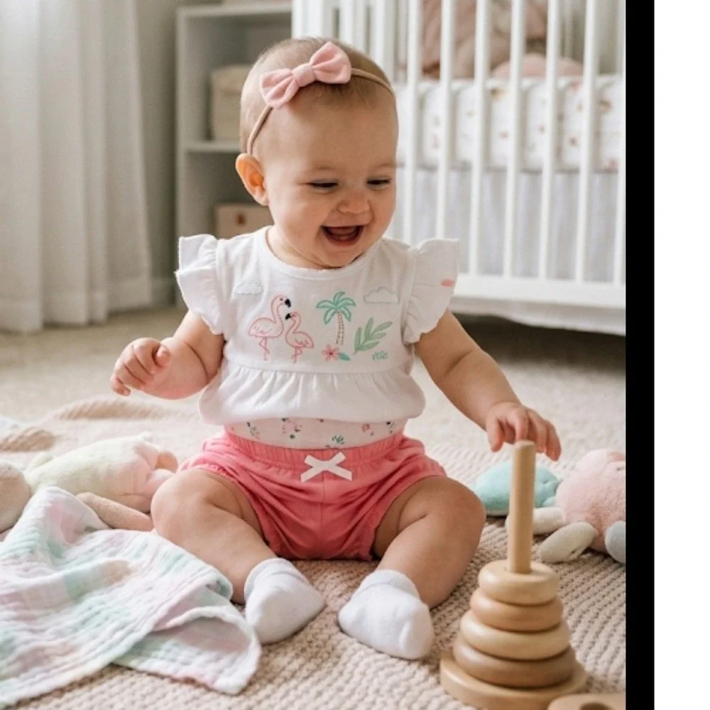 Carter's Baby Girl 3-Pc Set 6 Months Flamingo White Pink Shorts Top Bodysuit NWT